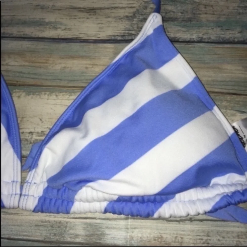 Mossimo Light Blue White Striped Triangle Bikini Top Medium Halter Nautical Swim - Picture 3 of 4